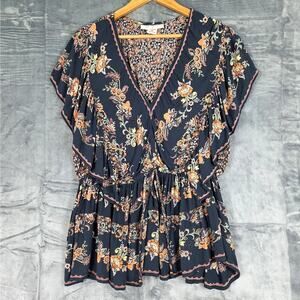 Floral V-Neck Blouse - Navy and Orange